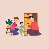 Happy family learning baby to walk. First kid's steps. Mom, dad playing with little child. Loving relationship and care. Children growth and development. Happy family moments. Vector illustration