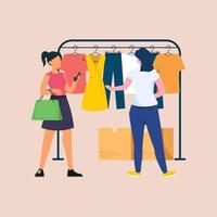 Happy women choosing apparel in modern retail store. Seller and buyer in showroom. Colored flat vector illustration of saleswoman and customer.