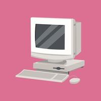 computadora antigua con pantalla, teclado y mouse. estilo tecnológico de los 90. ilustración de vector plano coloreado.