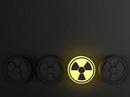 Radiation hazard warning sign on black background with yellow single light 3D rendering photo