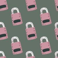 Doodle seamless secret pattern with hand drawn lock shapes. Security design print in pink tones on green pale background. vector