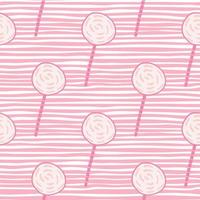 Doodle lollipop ornament hand drawn seamless pattern. White tones sweet print on background with pink strips. vector