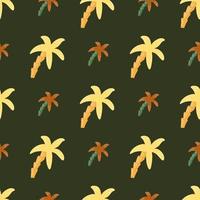 Orange and yellow colored palm tree elements seamless pattern. Brown background. Nature artwork. vector