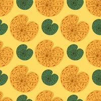 Orange and green tones seamless nature pattern with doodle lily water elements. Foliage backdrop. vector