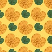 Orange and green tones seamless nature pattern with doodle lily water elements. Foliage backdrop. vector