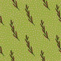 Nature seamless pattern with outline pink herbal twigs ornament. Green dotted backround. Simple style. vector