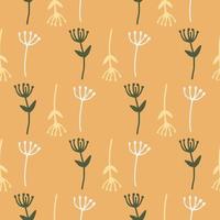 Simple summer abstract floral seamless pattern with dandelions. Orange background and green, white and yellow ornament. Stylized artwork. vector