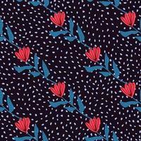 Contrast floral seamless pattern with tulip silhouettes. Flower bud in red color, blue stems and black background with dots. vector