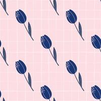 Navy blue tulip silhouettes seamless pattern. Hand drawn floral ornament on pink chequered background. vector