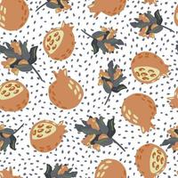 Pale seamless pattern with orange and blue ganet and branches print. White dotted background. Fruit simple backdrop. vector