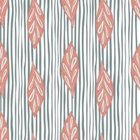 Spring seamless pattern with doodle pink foliage leaf ornament. Striped blue and white background. vector