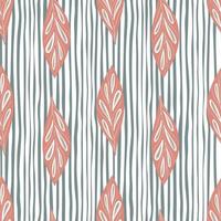 Spring seamless pattern with doodle pink foliage leaf ornament. Striped blue and white background. vector