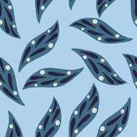 Dark navy blue leaves seamless pattern in doodle style. Pastel blue background. Geometric abstract print. vector