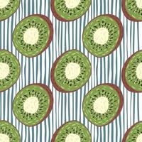 Seamless pattern in abstract style with kiwi doodle slice ornament. Blue and white striped background. vector