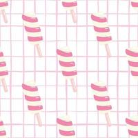 Creative seamless pattern with twister fruit ice in pink colors. White bakground with check. vector