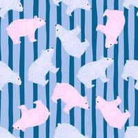 Seamless zoo arctic pattern with wild cute random polar bears ornament. Blue striped background. Doodle style. vector