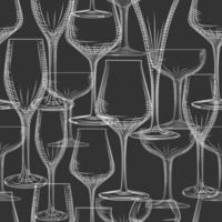 Hand drawn bar glassware seamless pattern on black background. vector