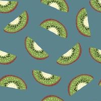 Organic fruit seamless doodle pattern with kiwi green ornament. Food print with pale blue background. vector