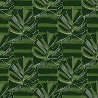 Creative seamless hand drawn monstera pattern. Palm foliage ornament with striped background. Artwork in green tones. vector