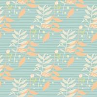 Hand drawn seamless pattern with forest doodle branch silhouettes. Blue stripped background with white and light orange botanic elements. vector