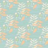 Hand drawn seamless pattern with forest doodle branch silhouettes. Blue stripped background with white and light orange botanic elements. vector