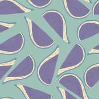 Cartoon seamless random pattern with purple colored fig ornament. Blue background. vector