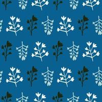 Seamless floral pattern with branch silhouettes in black and white colors. Navy blue background. vector