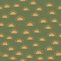 Simple style kids seamless pattern with random little orange childish sun print. Green olive pale background. vector