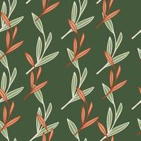 Decorative seamless doodle pattern with herbal pink and white outline foliage shapes. Green background. vector