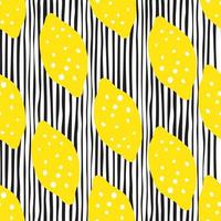 Lemon seamless pattern in doodle style on stripes background. vector