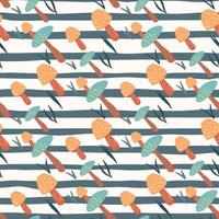 Bright seamless pattern with blue and orange mushrooms. White and navy blue stripped background. vector