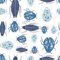 Funny beetle wallpaper. Geometric insect ornament. Blue bugs seamless pattern isolated on white background vector