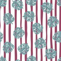 Random seamless botanic pattern with blue palm monstera leaves. White and pink striped background. vector