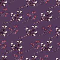 Hand drawn seamless pattern with simple style berries ornament. Purple background. Doodle floral backdrop. vector