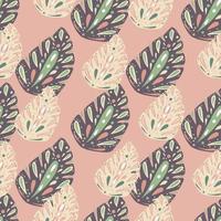 Decorative nature seamless pattern with pink and purple folk monstera print. Pink background. vector