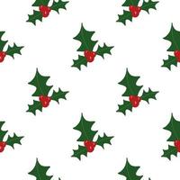 Isolates seamless doodle pattern with green and red colored mistletoe ornament. White background. Xmas winter artwork. vector