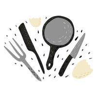 Composition pan with fork,knife and eggshell on white background. Tool cooking in doodle. vector