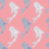 Fish animal seamless pattern with light and blue dotted whale silhouettes. Pink background. vector