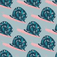 Seamless doodle stylized pattern with cartoon snail silhouettes. Blue and pink colored ornament on light background. vector