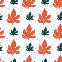 Bright seamless pattern with cartoon leaf doodle ornament in blue and orange colors. White dotted background. vector