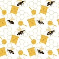 Doodle seamless pattern with yellow bee, beehive, honeyspoon silhouettes. White background with honeycombs. vector