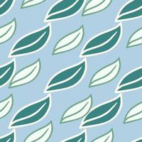 Botanic seamless pattern in hand drawn style with simple white outline leaf ornament. Blue background. vector