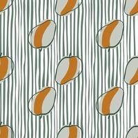 Tasty seamless pattern with grey and brown apricot shapes. Striped background. Hand drawn organic food print. vector