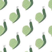 Isolated seamless pattern with snails doodle print. Green cure animal silhouettes on white background. Achatina backdrop. vector