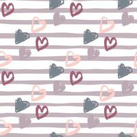 Seamless romantic pattern with heart symbols. Pastel colors valentine elemenets on white background with purple strips. vector