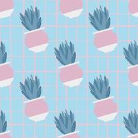 Aloe cactus in pot seamless pattern on stripes background. vector