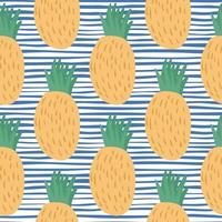 Trendy yellow pineapple seamless pattern on blue stripes background. vector