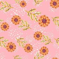 Blossom seamless pattern with orange random flower silhouettes shapes. Pink background with splashes. vector