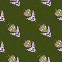 Vintage folk flowers silhhouettes seamless doodle pattern in hand drawn style. Green dotted background. vector