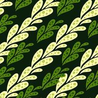 Seamless botanic nature pattern with green and yellow colored ornament shapes. Black background. vector